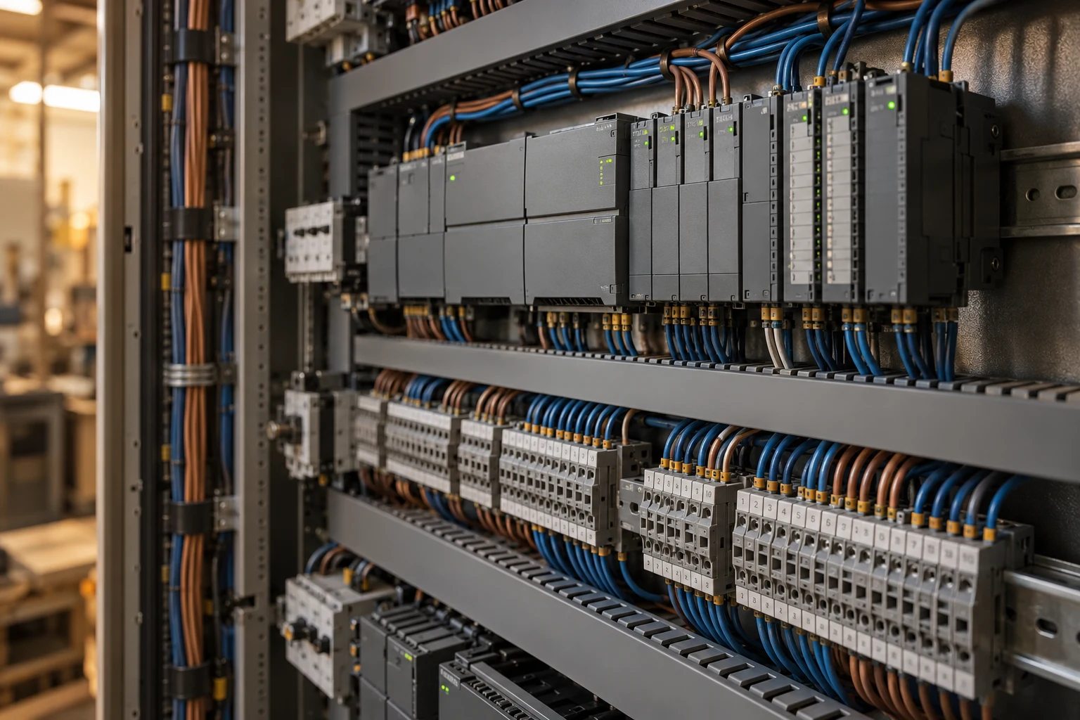 Orderly PLC modules and wiring inside an industrial control cabinet